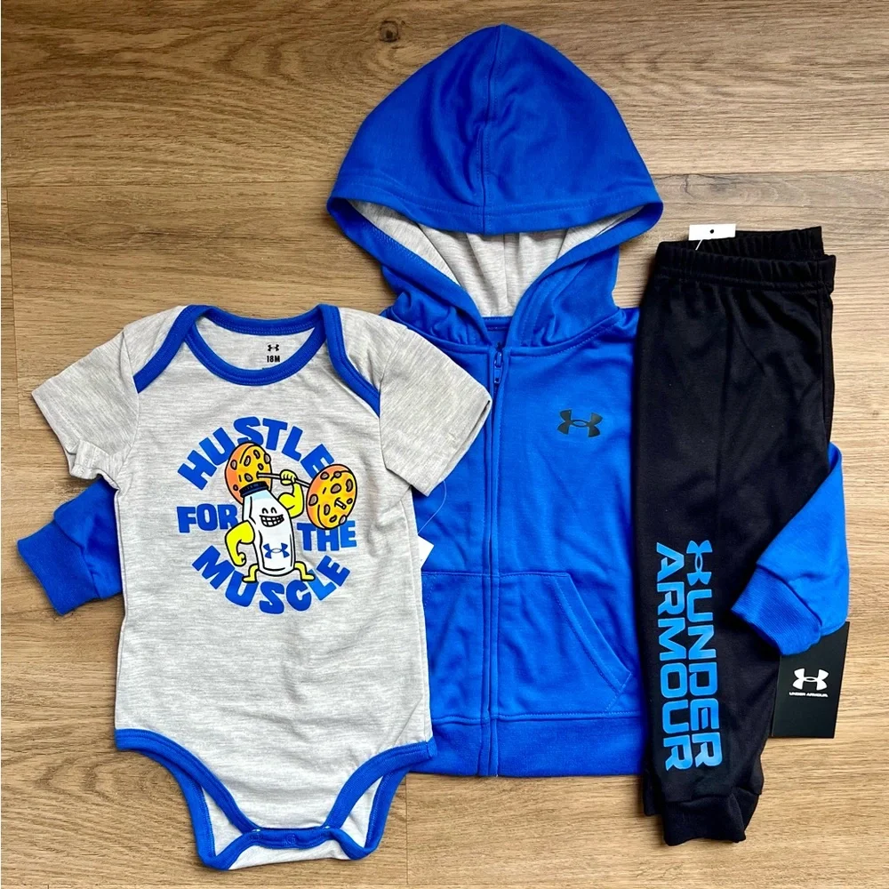 NEW Under Armour Baby Zip-Up Hoodie, Onesie & Black Joggers Pants Set, 12 month